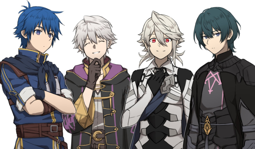 4boys armor black_hair blue_eyes blue_hair byleth_(fire_emblem) byleth_(male)_(fire_emblem) cape chest_guard closed_eyes coat commentary_request corrin_(fire_emblem) corrin_(male)_(fire_emblem) crossed_arms expressionless fire_emblem fire_emblem:_mystery_of_the_emblem fire_emblem:_three_houses fire_emblem_awakening fire_emblem_fates gloves hand_on_own_chest hand_up highres kris_(fire_emblem) kris_(male)_(fire_emblem) long_sleeves looking_at_viewer male_focus multiple_boys parted_lips pointy_ears red_eyes robin_(fire_emblem) robin_(male)_(fire_emblem) short_hair short_sleeves simple_background smile upper_body white_background white_hair zuzu_(ywpd8853)