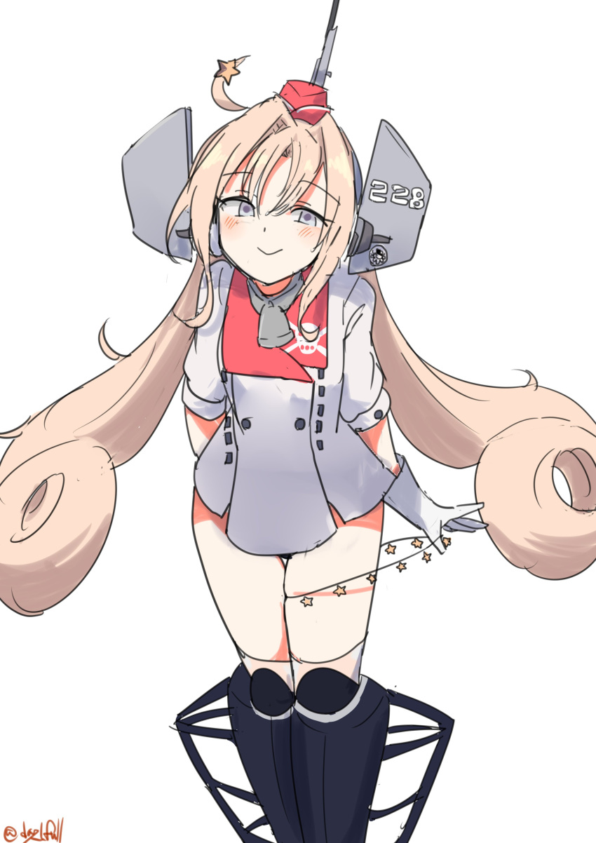 1girl absurdres arms_behind_back ballet_boots bell coat collar drum_(kancolle) garrison_cap gloves grey_eyes hair_ornament hair_rings hat headgear highres kantai_collection long_hair metal_collar neck_bell red_hat robinson_(day_l_full) simple_background skull_print smile solo star_(symbol) star_hair_ornament star_ornament very_long_hair white_background white_coat white_gloves