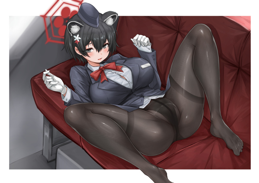 1girl 41_(chvinyau) animal_ears black_eyes black_hair black_hat black_jacket black_pantyhose blue_archive bow bowtie breasts button_gap chinese_commentary commentary_request couch garrison_cap gloves hair_ornament halo hat highres jacket large_breasts long_hair looking_at_viewer lying official_alternate_costume on_back on_couch pantyhose raccoon_ears raccoon_girl red_bow red_bowtie red_halo short_hair solo tsubaki_(blue_archive) tsubaki_(guide)_(blue_archive) white_gloves