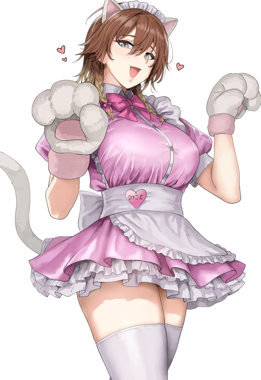 1girl :d aketa_mikoto animal_ears animal_hands apron braid breasts brown_eyes brown_hair cat_ears cat_tail collared_dress commentary_request dress fake_animal_ears fake_tail gloves gradient_eyes gradient_hair hair_between_eyes heart highres idolmaster idolmaster_shiny_colors large_breasts light_brown_hair long_hair looking_at_viewer maid_apron maid_headdress multicolored_eyes multicolored_hair paw_gloves paw_pose pink_dress puffy_short_sleeves puffy_sleeves short_sleeves simple_background smile solo tail thighhighs tsurui twin_braids white_background white_thighhighs