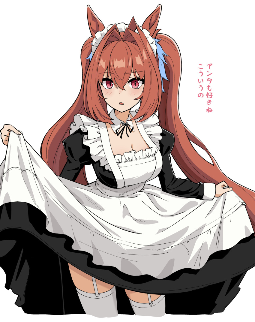 1girl absurdres animal_ears apron black_dress breasts brown_hair cleavage daiwa_scarlet_(umamusume) dress garter_straps highres horse_ears horse_girl lifted_by_self long_sleeves maid maid_headdress oxymoron_0213 puffy_long_sleeves puffy_sleeves red_eyes simple_background solo tiara twintails umamusume white_apron white_background