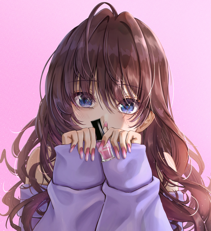 1girl absurdres ahoge blue_eyes blush brown_hair commentary cosmetics covered_mouth daiko_(dai1974910) fingernails hair_intakes highres ichinose_shiki idolmaster idolmaster_cinderella_girls long_fingernails long_hair long_sleeves looking_at_viewer nail_polish off-shoulder_shirt off_shoulder pink_background purple_shirt shirt simple_background solo symbol-only_commentary upper_body very_long_hair