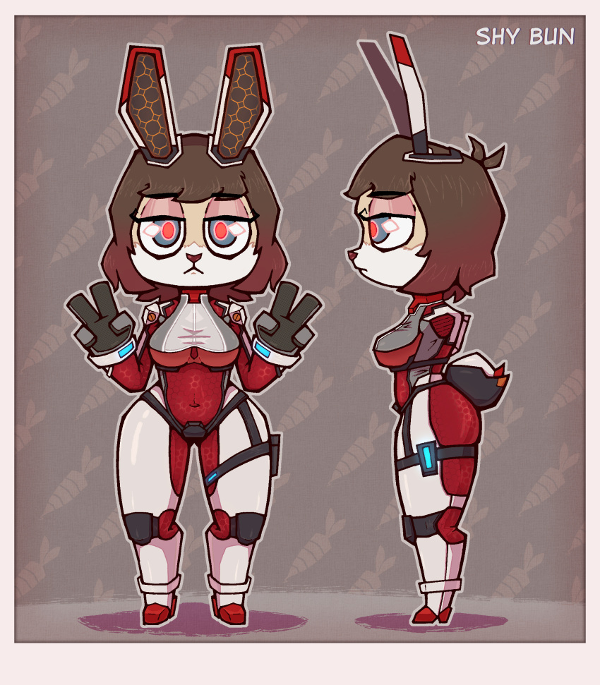 absurd_res anthro big_breasts blue_eyes bob_cut bodysuit breasts brown_hair clothing female futuristic gesture glowing glowing_eyes hair hand_gesture hi_res lagomorph leporid mammal rabbit shy_bun side_view skinsuit solo thick_thighs tight_clothing v_sign