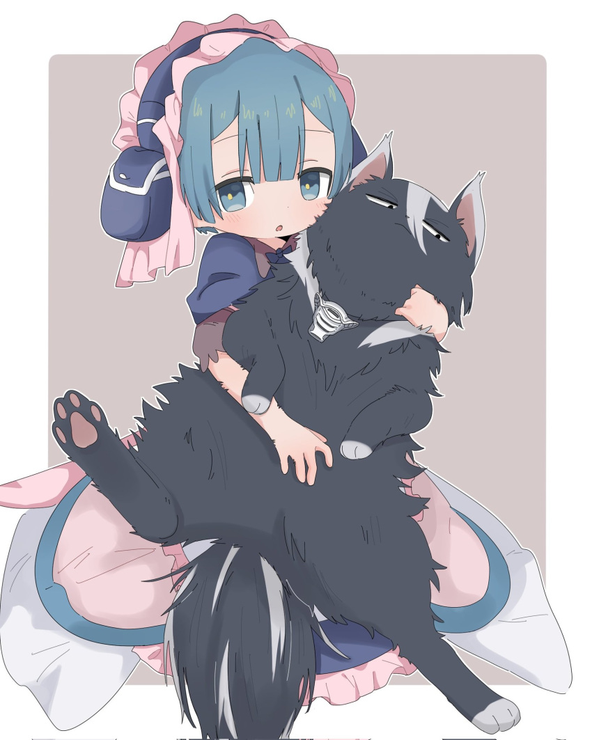 1boy 1girl :o animal animalization apron blue_capelet blue_dress blue_eyes blue_hair border brown_background capelet cat dress frilled_apron frills highres holding holding_animal holding_cat looking_at_viewer made_in_abyss maid maid_headdress maruruk open_mouth otoko_no_ko outline ozen short_hair short_sleeves uis0 whistle whistle_around_neck white_border white_outline yellow_pupils