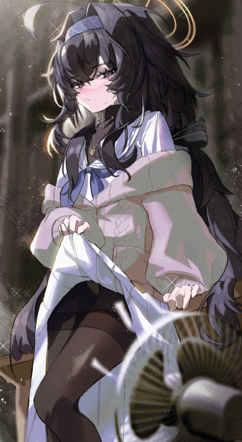1girl :&lt; absurdres ahoge bangs black_hair black_legwear blue_archive blue_hairband blush cardigan closed_mouth clothes_lift electric_fan fanning_crotch hair_between_eyes hairband halo highres jewelry lifted_by_self long_hair long_sleeves neckerchief necklace panties pantyhose pantyshot purple_eyes sailor_collar school_uniform serafuku skirt skirt_lift sohee20 solo sparkle sweat symbol-only_commentary thighband_pantyhose ui_(blue_archive) underwear very_long_hair white_skirt