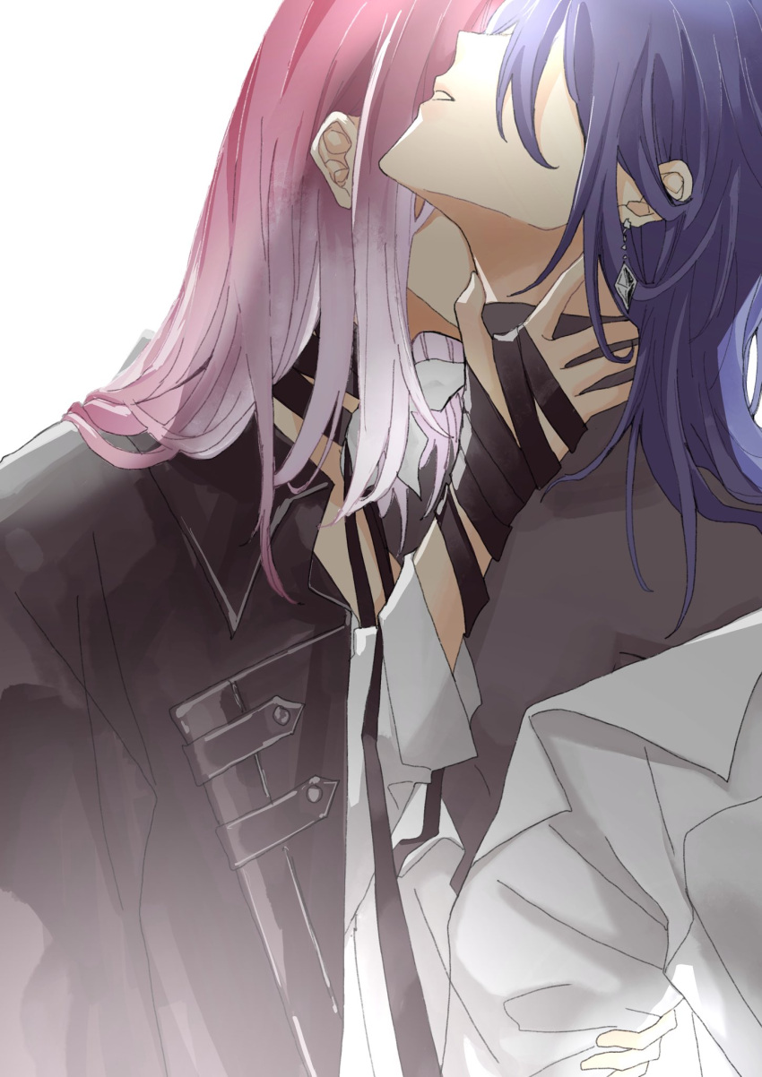 2girls black_coat black_ribbon black_shirt chief_(path_to_nowhere) coat earrings female_chief_(path_to_nowhere) flower gradient_hair hand_on_another's_neck hand_on_another's_waist highres jewelry long_hair mika29428149 multicolored_hair multiple_girls parted_lips path_to_nowhere pink_hair purple_hair ribbon shalom_(path_to_nowhere) shirt simple_background turtleneck turtleneck_shirt upper_body white_background white_flower white_hair white_shirt yuri