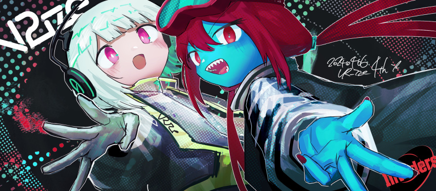 2girls :d absurdres black_background black_jacket blue_skin colored_skin copyright_name dated gloves goggles goggles_on_head hair_between_eyes headphones highres invaders_(record_label) invtam jacket logo long_hair long_sleeves looking_at_viewer looking_back multiple_girls open_mouth pink_eyes py-2 red_eyes red_hair red_nails sharp_teeth short_hair smile striped_clothes striped_jacket teeth twintails upper_body virtualize_realize w white_gloves white_hair