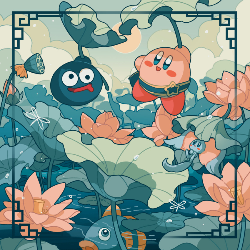 :d absurdres arm_up bag blue_bag blue_eyes blue_sky blush blush_stickers bug cloud day dragonfly elfilin fish floating flower glef_life gooey_(kirby) highres holding holding_leaf kine_(kirby) kirby kirby_(series) leaf lotus lotus_leaf lotus_pod no_humans open_mouth outdoors pink_flower sky smile star_(symbol) sun underwater wall-eyed water water_drop