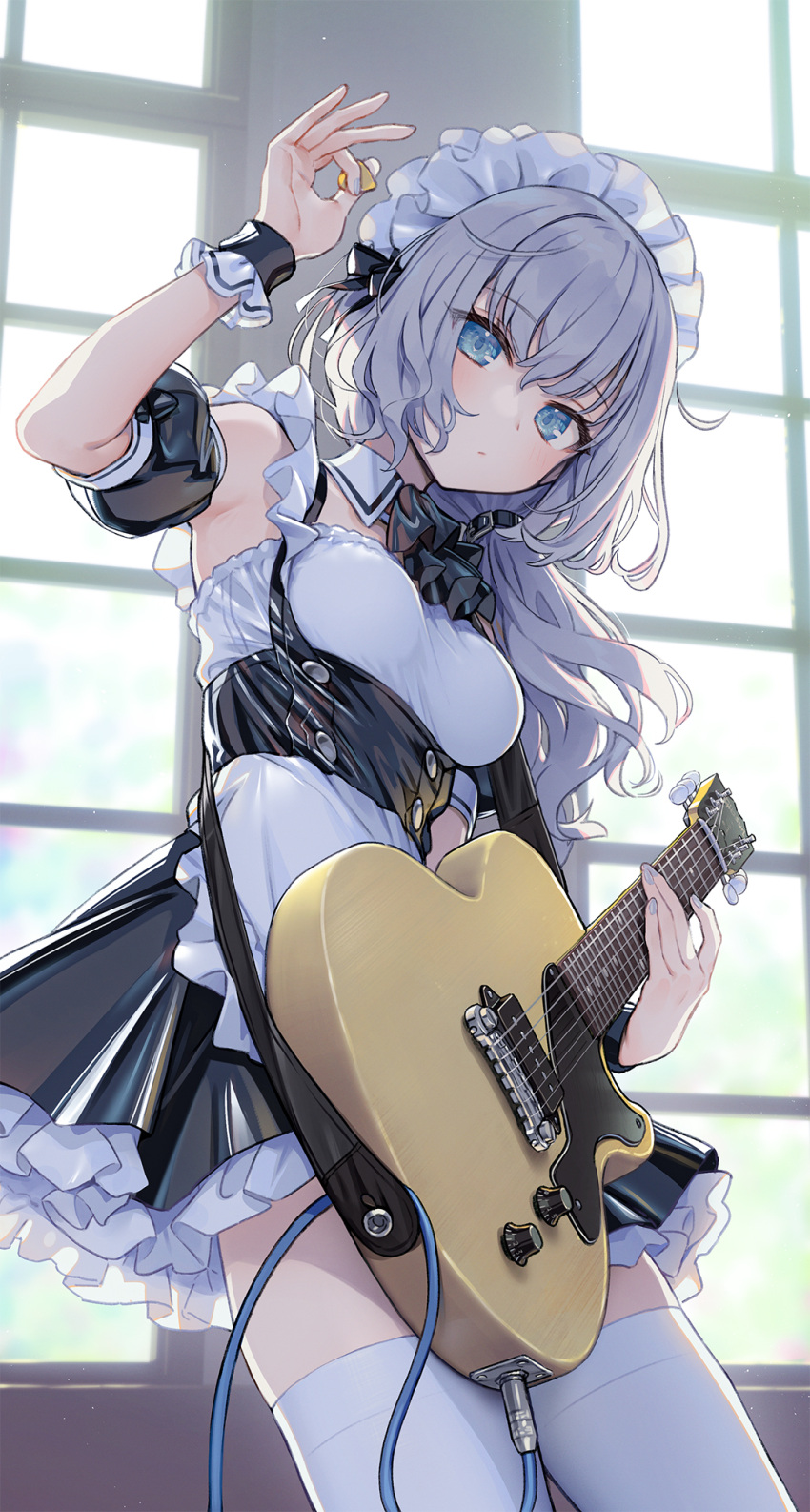 1girl apron arm_up armpits backlighting bare_shoulders black_dress blue_eyes bow bowtie breasts cowboy_shot detached_collar detached_sleeves dress electric_guitar expressionless frilled_dress frills grey_hair guitar hair_ornament hair_over_shoulder highres holding instrument kurobuta_gekkan long_hair looking_at_viewer maid maid_apron maid_headdress medium_breasts original plectrum sleeveless sleeveless_dress solo strap thighhighs thighs underbust white_legwear window wrist_cuffs zettai_ryouiki