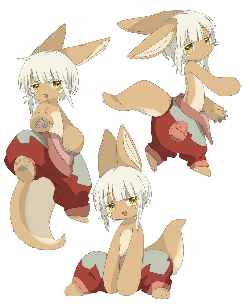 1other :3 animal_ears between_legs body_fur brown_fur closed_mouth colored_eyelashes from_side furry hand_between_legs hand_up highres leg_up looking_at_viewer looking_to_the_side made_in_abyss multiple_views nanachi_(made_in_abyss) open_mouth pants pouch puffy_pants rabbit_ears red_pants short_hair sidelocks simple_background sitting tail uis0 whiskers white_background white_hair