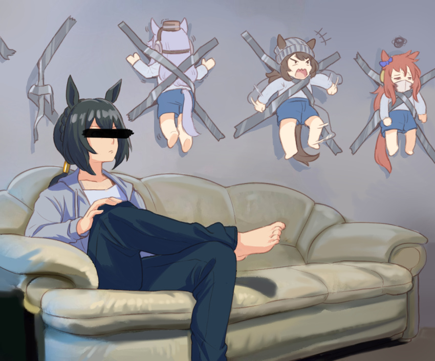 +++ 4girls animal_ears babydoll bangs barefoot beanie black_hair blue_shorts brown_hair censored child closed_mouth couch crossed_legs duct_tape gold_ship_(umamusume) grey_shirt hat hood hooded_jacket horse_ears horse_girl horse_tail identity_censor indoors jacket long_sleeves low_ponytail mask motion_lines mouth_mask multiple_girls nakayama_festa_(umamusume) open_mouth orfevre_(umamusume) photo-referenced shirt shorts sinnra_art sitting speed_lines squiggle stay_gold_(umamusume) tail umamusume v-shaped_eyebrows younger