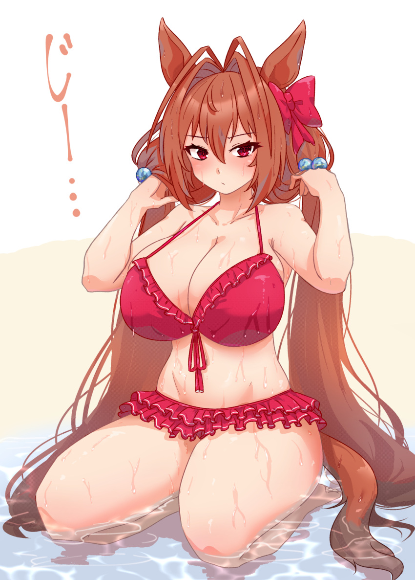 1girl animal_ears bikini breasts brown_hair cleavage daiwa_scarlet_(trifle_vacation)_(umamusume) daiwa_scarlet_(umamusume) hair_between_eyes hflfhvlwvp highres horse_ears horse_girl horse_tail kneeling low_twintails midriff red_bikini red_eyes solo swimsuit tail thick_thighs thighs twintails umamusume water wet