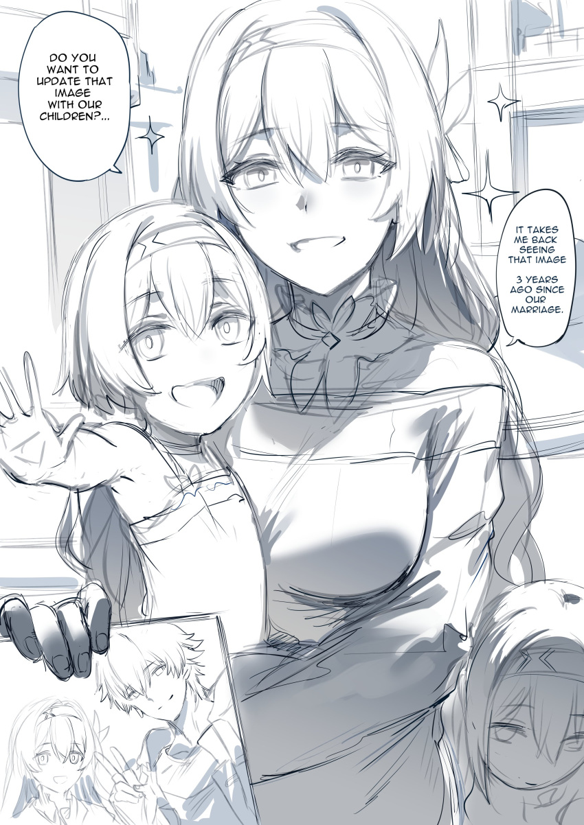 3girls :d absurdres caelus_(honkai:_star_rail) commentary english_commentary firefly_(honkai:_star_rail) greyscale hairband hews highres holding holding_photo honkai:_star_rail honkai_(series) if_they_mated long_hair looking_at_viewer monochrome mother_and_daughter multiple_girls outstretched_arm photo_(object) short_hair sketch smile sparkle speech_bubble trailblazer_(honkai:_star_rail) unfinished upper_body