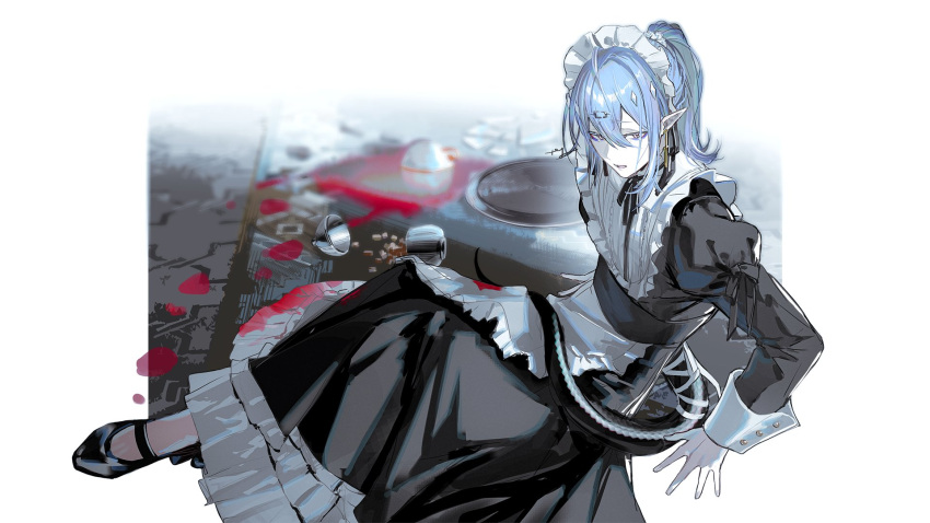 1boy alternate_costume alternate_hairstyle apron arknights arm_support black_dress black_footwear border carpet cross cup dress enmaided frilled_apron frills full_body highres kiri_(pyonta) long_sleeves looking_at_viewer maid maid_headdress male_focus mary_janes nervous parted_lips pointy_ears ponytail purple_eyes shalem_(arknights) shoes sidelocks snake_tail solo spill tail teacup thighhighs tray white_apron