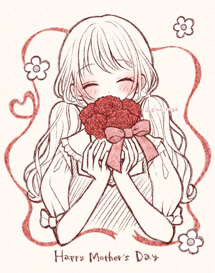 1girl blush bow closed_eyes covering_own_mouth cropped_torso dot_nose dress facing_viewer flower frilled_dress frills ginniroya happy_mother's_day hatching_(texture) highres linear_hatching long_bangs long_hair low_twintails mother's_day original partially_colored pink_bow red_flower short_sleeves sidelocks solo twintails twitter_username