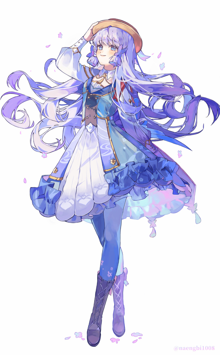 1girl absurdres alternate_hairstyle arm_up arms_behind_back blue_dress blue_eyes blue_hair blunt_bangs blunt_tresses boots brown_footwear butterfly_hair_ornament closed_mouth cross-laced_footwear dress falling_petals floating_hair floral_print full_body genshin_impact hair_ornament highres kamisato_ayaka kamisato_ayaka_(springbloom_missive) knee_boots long_hair long_sleeves looking_up mole mole_under_eye naengbi1008 official_alternate_costume pantyhose petals sidelocks simple_background smile standing twitter_username two-tone_dress white_background white_dress white_pantyhose