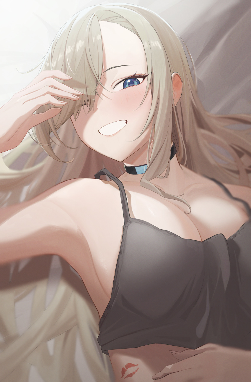 1girl absurdres armpits asuna_(blue_archive) bed_sheet black_camisole black_choker blue_archive blue_eyes breasts camisole choker edible_sus grin hair_over_one_eye highres large_breasts light_brown_hair long_hair looking_at_viewer lying on_back smile solo upper_body