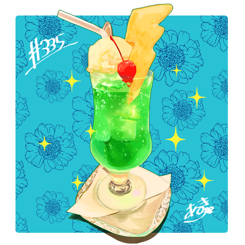 absurdres artist_logo cherry coaster cup drinking_glass food food_focus food_name fruit highres ice ice_cream ice_cream_float ice_cube melon_soda no_humans original pineapple takisou_sou