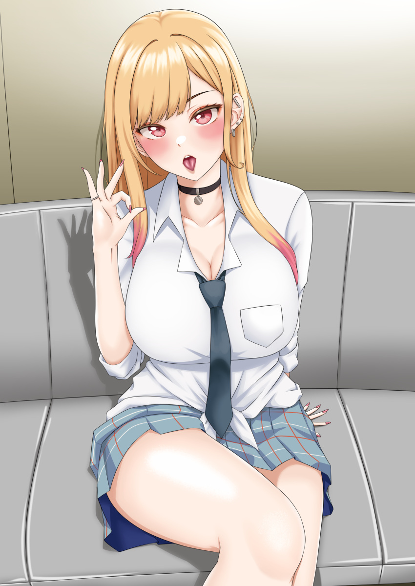 1girl absurdres barbell_piercing black_choker black_necktie blonde_hair blue_skirt blush breasts choker cleavage collarbone colored_tips couch ear_piercing earrings essex_(azur_lane) essex_(brush_and_ink)_(azur_lane) fake_nails fellatio_gesture gradient_hair gyaru highres industrial_piercing jewelry kitagawa_marin large_breasts long_hair looking_at_viewer miniskirt multicolored_hair multiple_earrings necktie ok_sign open_mouth piercing pink_hair pink_nails plaid plaid_skirt ramiki_(ramesgoag) ring school_uniform serafuku sexually_suggestive shirt sitting skirt solo sono_bisque_doll_wa_koi_wo_suru thighs tied_shirt tongue tongue_out uniform white_shirt