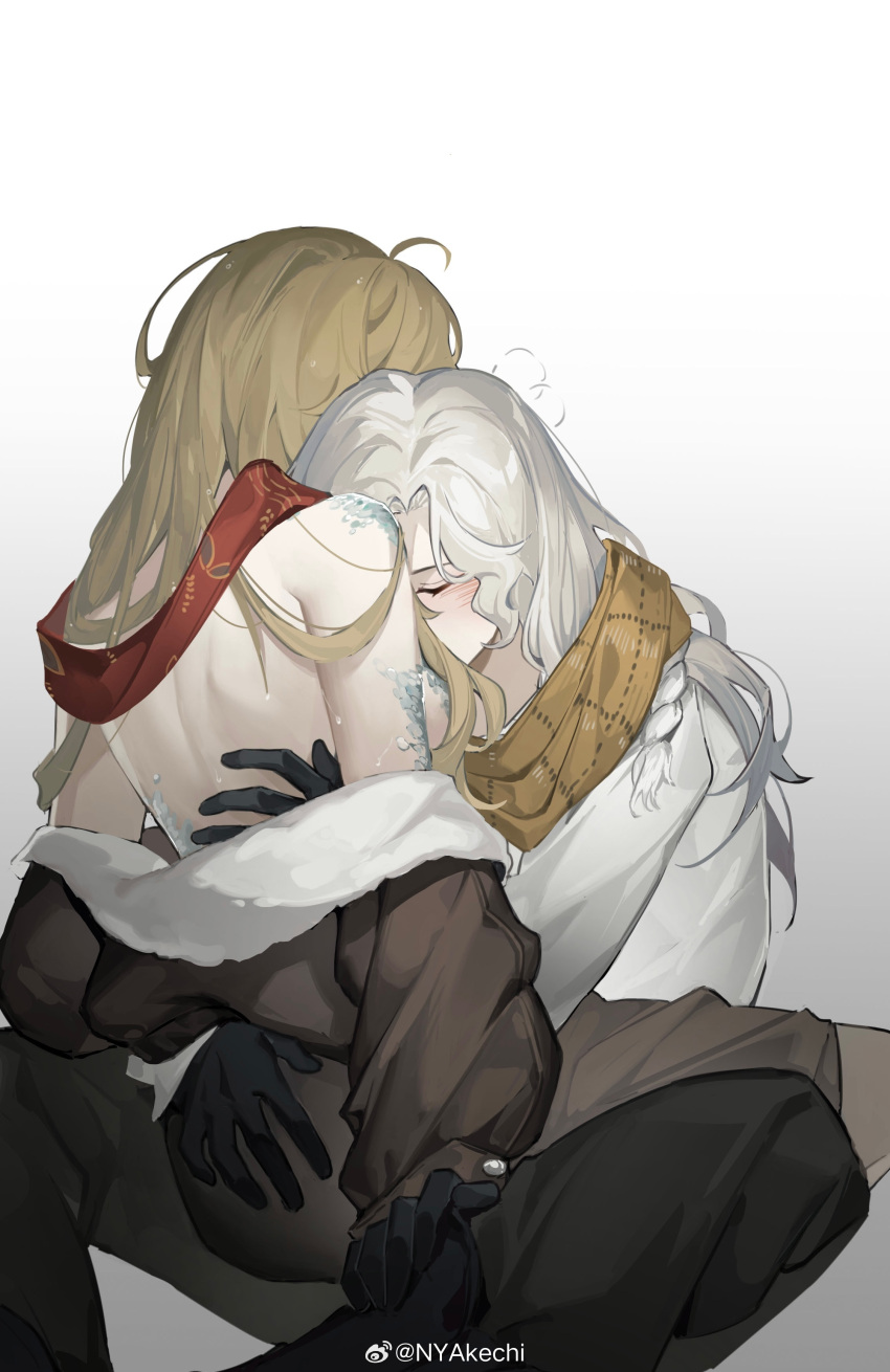 2girls absurdres akechi_(826988799) arm_support arms_around_waist bare_shoulders between_breasts black_gloves black_pants blonde_hair breasts brown_jacket brown_skirt closed_eyes feet_out_of_frame fur-trimmed_jacket fur_trim gloves gradient_background grey_background hand_on_another's_leg head_between_breasts highres hug jacket leg_lock long_hair multiple_girls off_shoulder pants red_scarf reverse:1999 scales scarf shirt sitting skirt sweat topless vila_(reverse:1999) weibo_logo weibo_watermark white_hair white_shirt windsong_(reverse:1999) yellow_scarf yuri