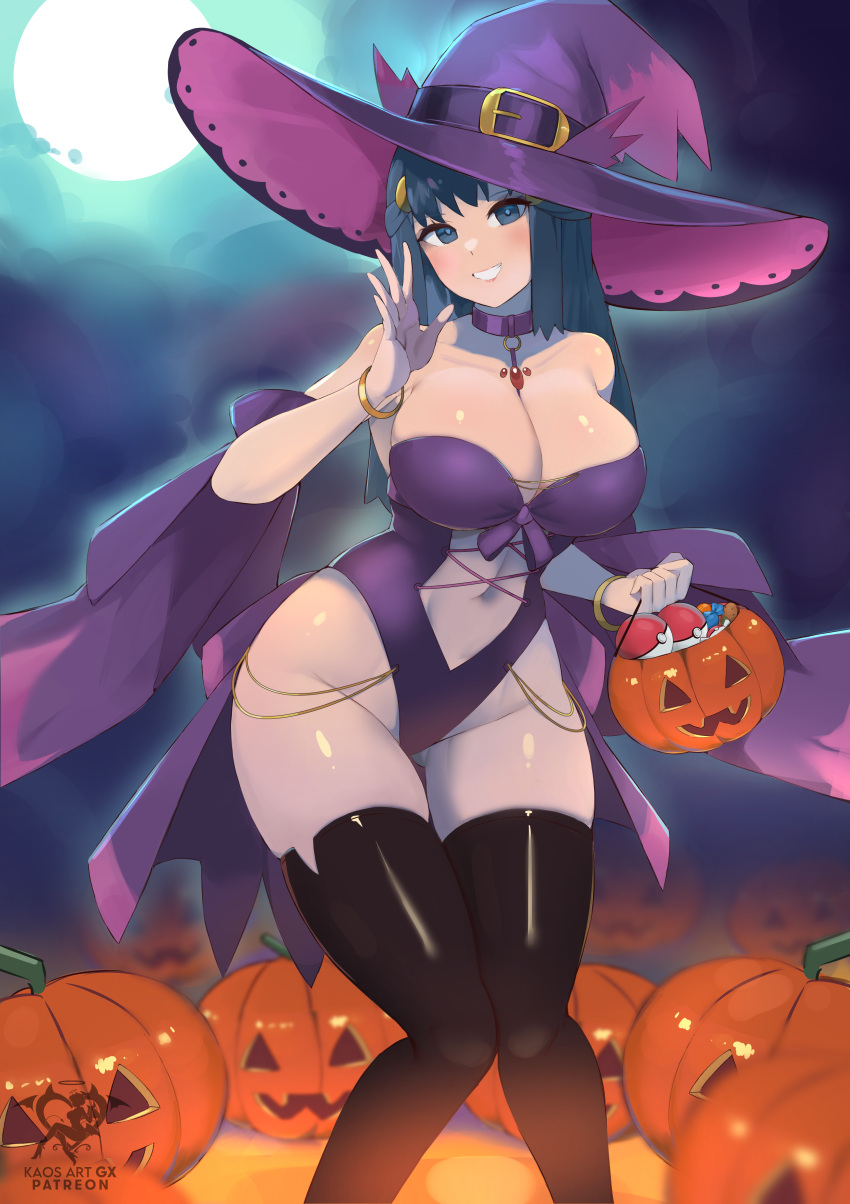 1girl absurdres artist_logo artist_name boots breasts cloud cloudy_sky dawn dawn_(pokemon) full_body full_moon hair_ornament hairclip halloween halloween_bucket halloween_costume hat highres holding kaos_art large_breasts linea_alba long_hair looking_at_viewer midriff moon outdoors patreon_username pokemon pokemon_dppt pumpkin skirt sky smile solo twilight witch witch_hat