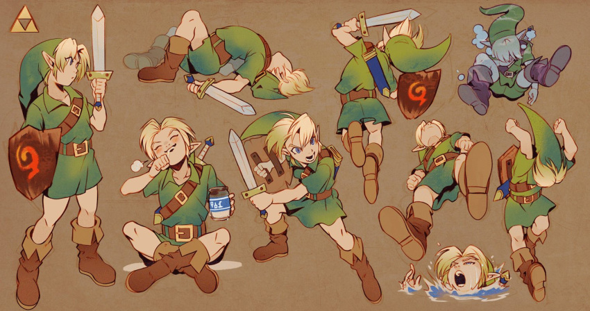 blonde_hair boots bottle clothing container footwear hair hat headgear headwear humanoid humanoid_pointy_ears hylian light_body light_skin male melee_weapon milk multiple_poses nintendo not_furry ocarina_of_time pose shield shirt simple_background sitting solo sword the_legend_of_zelda topwear triforce tunic underwater uzucake water weapon young_link