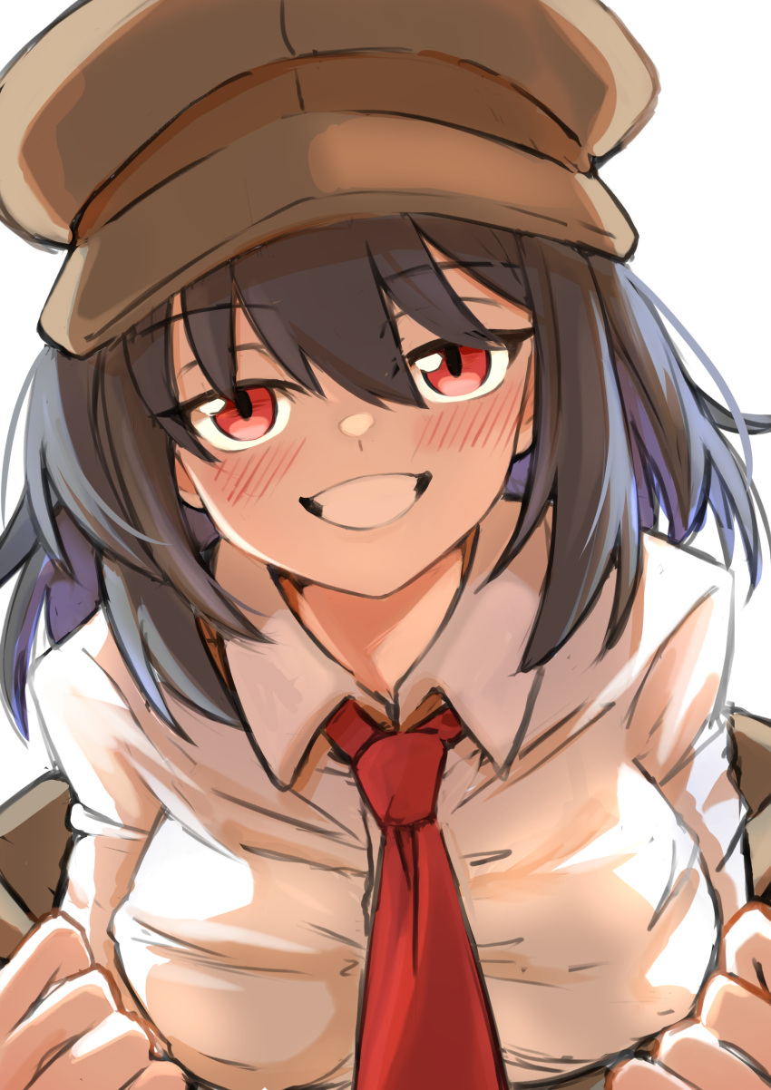 1girl absurdres black_hair blush breasts brown_hat brown_jacket collared_shirt commentary_request flat_cap grin hat head_tilt highres jacket leaning_forward long_sleeves looking_at_viewer medium_breasts medium_hair necktie open_clothes open_jacket red_eyes red_necktie seductive_smile shameimaru_aya shameimaru_aya_(newsboy) shirt simple_background smile smirk solo suit_jacket touhou undressing upper_body white_background white_shirt yuuka_(a0240765)