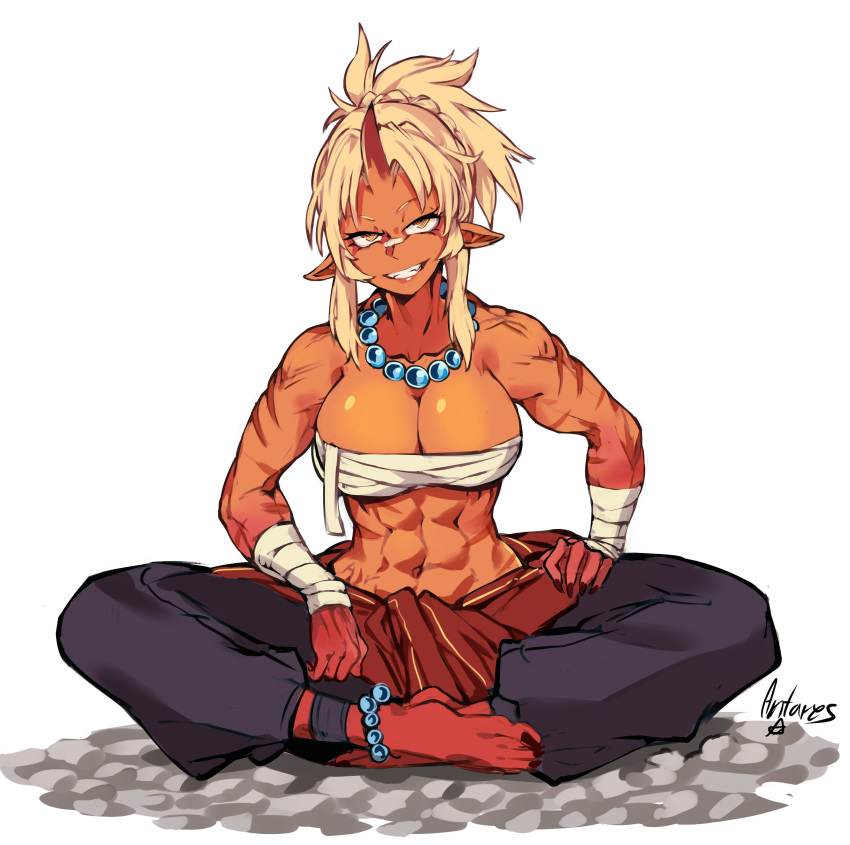 1girl abs absurdres ahoge anklet antares_topaz artist_name bandage_on_face bandaged_arm bandaged_wrist bandages bandaid bandaid_on_face bandaid_on_nose bare_shoulders barefoot bead_anklet bead_necklace beads black_nails blonde_hair braid breasts budget_sarashi character_request chest_sarashi cleavage collarbone colored_skin commission curvy demon_girl demon_horns feet fingernails gradient_skin hairstyle_request hand_on_own_hip hands_on_own_hips head_tilt highres horns indian_style jewelry large_breasts long_bangs long_toenails looking_at_viewer midriff multicolored_skin multiple_anklets multiple_scars muscular muscular_female nail_polish navel necklace oni orange_skin original pointy_ears ponytail red_skin sarashi scar scar_on_stomach sharp_toenails shiny_skin signature single_horn sitting smile smirk solo spiked_hair stone_floor tan toenail_polish toenails toes toned two-tone_skin white_background yellow_eyes