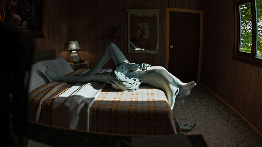 2023 3d_(artwork) absurd_res anthro beastars bed bedroom blender_(artwork) blender_cycles canid canine canis claws clock digital_clock digital_media_(artwork) door electronics exhausted furniture hand_on_belly hand_on_ground hi_res lamp leaf legoshi_(beastars) looking_up lying male mammal mirror mirror_reflection nude on_back open_mouth painting photorealism poster reflection side_view solo table vlkosarek watermark window wolf