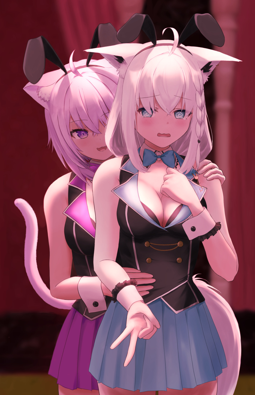 2girls @_@ absurdres ahoge alternate_costume animal_ears aqua_eyes black_vest blue_skirt blush breasts bunny_garden cat_ears cat_girl cat_tail cleavage collar detached_collar fake_animal_ears fox_ears fox_girl fox_tail hand_on_another's_shoulder hand_on_another's_waist highres hololive looking_at_viewer medium_hair multiple_girls nekomata_okayu open_mouth playboy_bunny purple_eyes purple_hair purple_skirt rabbit_ears shirakami_fubuki shirata98 skirt smile tail vest virtual_youtuber white_collar white_hair white_wrist_cuffs wrist_cuffs