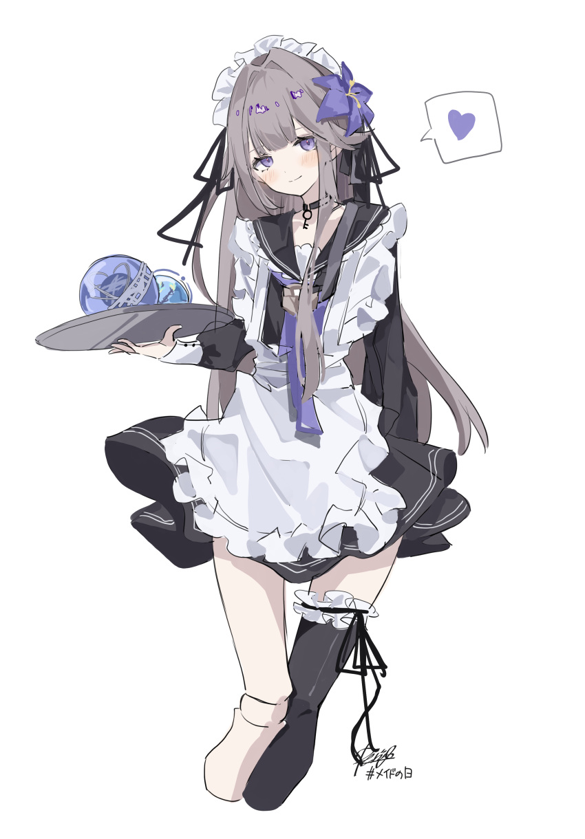 1girl absurdres black_choker blush brown_hair choker doll_joints flower hair_flower hair_intakes hair_ornament heart herta_(honkai:_star_rail) highres holding holding_tray honkai:_star_rail honkai_(series) jewelry joints key key_necklace light_smile long_hair looking_at_viewer maid maid_headdress necklace orb purple_eyes ren_(renjiyu) signature simple_background single_thighhigh solo speech_bubble spoken_heart thighhighs tray white_background