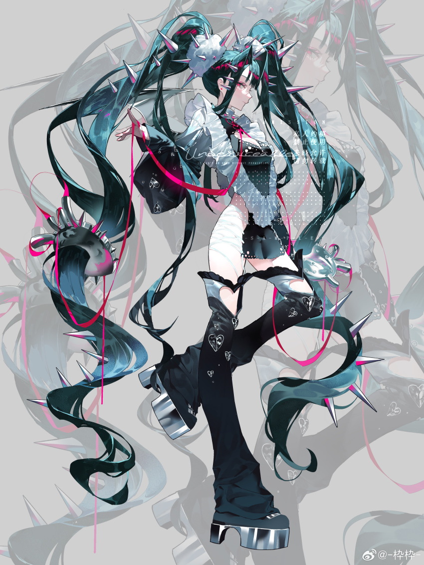 1girl absurdres bandaged_leg bandages black_dress black_leg_warmers black_sleeves blue_hair blunt_bangs chinese_commentary choker closed_mouth clothing_cutout commentary_request dark_miku_(project_voltage) dress expressionless eyelashes full_body grey_background grey_footwear hair_ornament hair_ribbon hatsune_miku heart_cutout highres knee_cutout long_hair long_sleeves pink_eyes pink_ribbon pokemon pom_pom_(clothes) pom_pom_hair_ornament project_voltage ribbon sample_watermark sandals side_slit simple_background solo spiked_choker spikes twintails very_long_hair vocaloid watermark wavy_hair weibo_watermark white_choker wide_sleeves zoom_layer zuizui