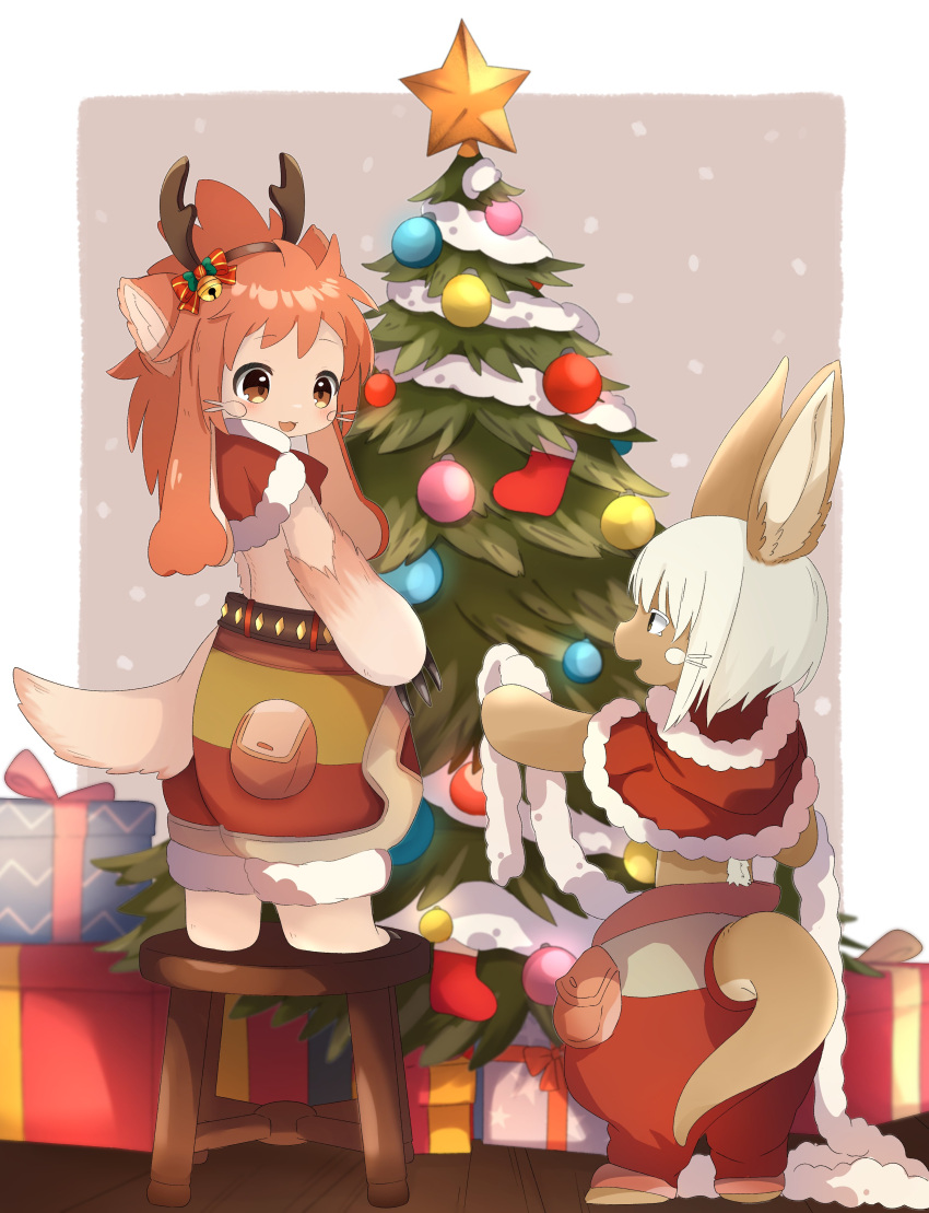 1girl 1other :3 absurdres animal_ears antlers body_fur border bow box brown_background brown_eyes brown_fur capelet christmas christmas_ornaments christmas_star christmas_stocking christmas_tree fur-trimmed_capelet fur_trim furry furry_female garland_(decoration) gift gift_box hat highres horns looking_at_another made_in_abyss mitty_(made_in_abyss)_(furry) nanachi_(made_in_abyss) on_stool open_mouth pants pink_fur pouch rabbit_ears red_bow red_capelet red_hair red_hat red_pants reindeer_antlers santa_capelet sidelocks snow standing star_(symbol) stool tail uis0 whiskers white_border wooden_floor wooden_stool yellow_eyes