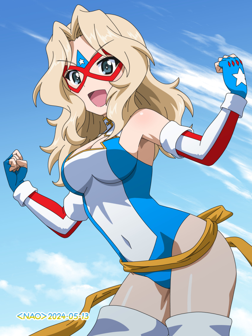 1girl :d blonde_hair blue_eyes blue_gloves blue_leotard blue_sky breasts clenched_hands cloud cosplay covered_navel eye_mask fingerless_gloves girls_und_panzer gloves hair_intakes hands_up highres kamen_america kamen_america_(comic) kamen_america_(cosplay) leotard long_hair looking_at_viewer medium_breasts naotosi open_mouth sky smile solo star_(symbol) star_print superhero_costume thighhighs