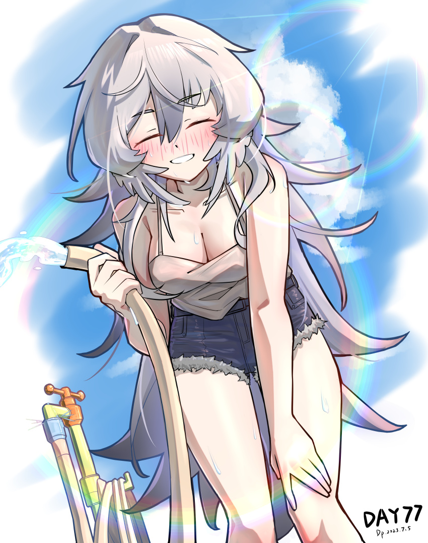 1girl absurdres alternate_costume arknights blush breasts cleavage closed_eyes commentary_request cutoffs dated denim denim_shorts faucet feathered_wings feathers gaoling_gangqin hair_between_eyes head_wings highres holding holding_hose hose long_hair medium_breasts mulberry_(arknights) rainbow shorts smile solo very_long_hair water white_feathers white_hair white_wings wings