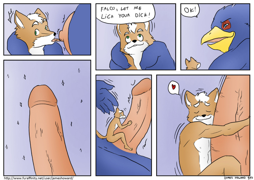 anthro avian beak bird canid canine comic dialogue digital_drawing_(artwork) digital_media_(artwork) duo english_text erection extreme_size_difference falco_lombardi fox fox_mccloud genitals heart_symbol james_howard macro male male/male mammal nintendo nipples penis siman-clifton size_difference star_fox tail text togepi1125 url