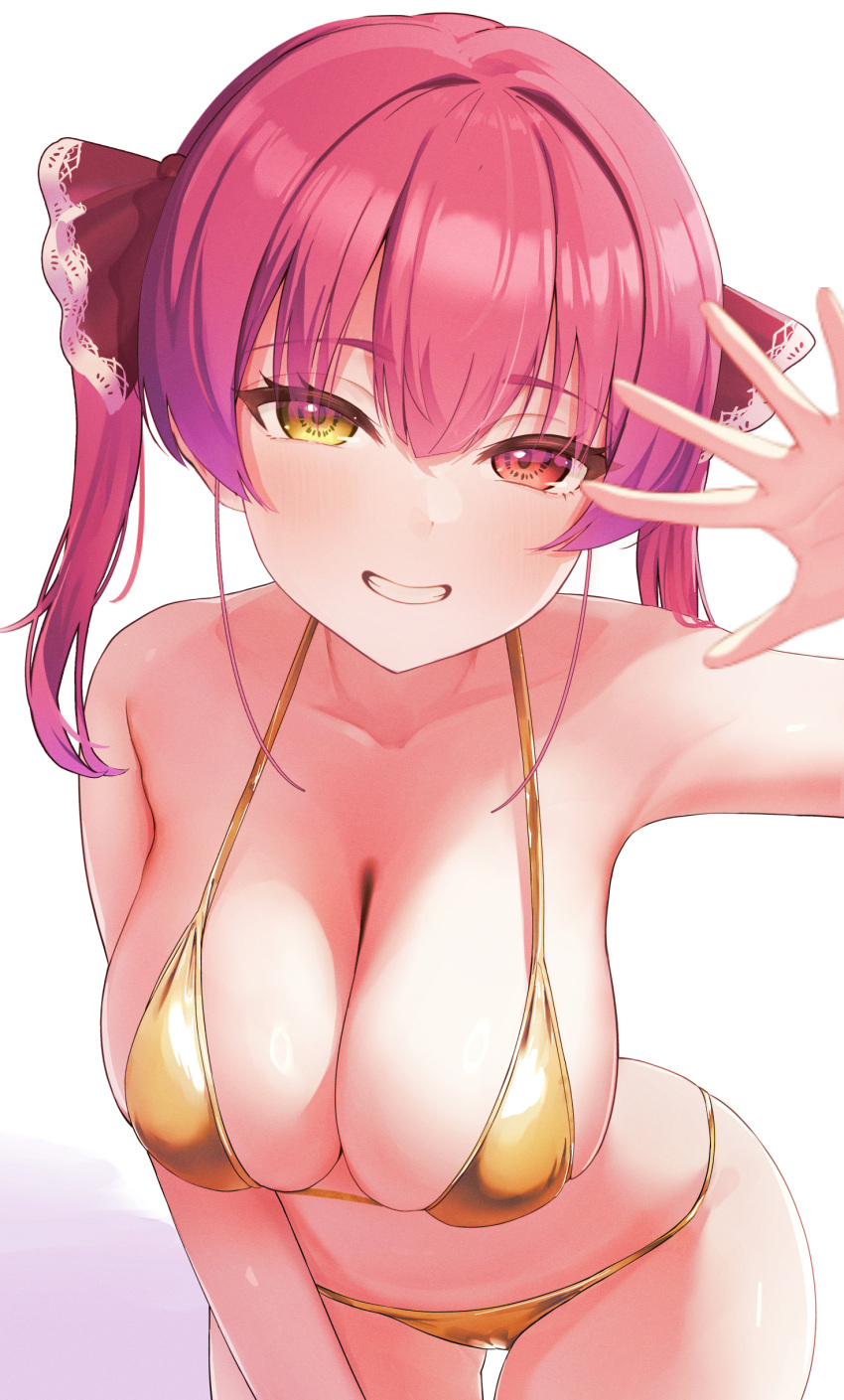 1girl absurdres arm_up bikini breasts cleavage collarbone gold_bikini grin hair_ribbon heterochromia highres hololive houshou_marine keek_1114 large_breasts leaning_forward long_hair looking_at_viewer open_hand red_eyes red_hair red_ribbon ribbon simple_background smile solo strap_gap swimsuit teeth twintails virtual_youtuber white_background yellow_eyes
