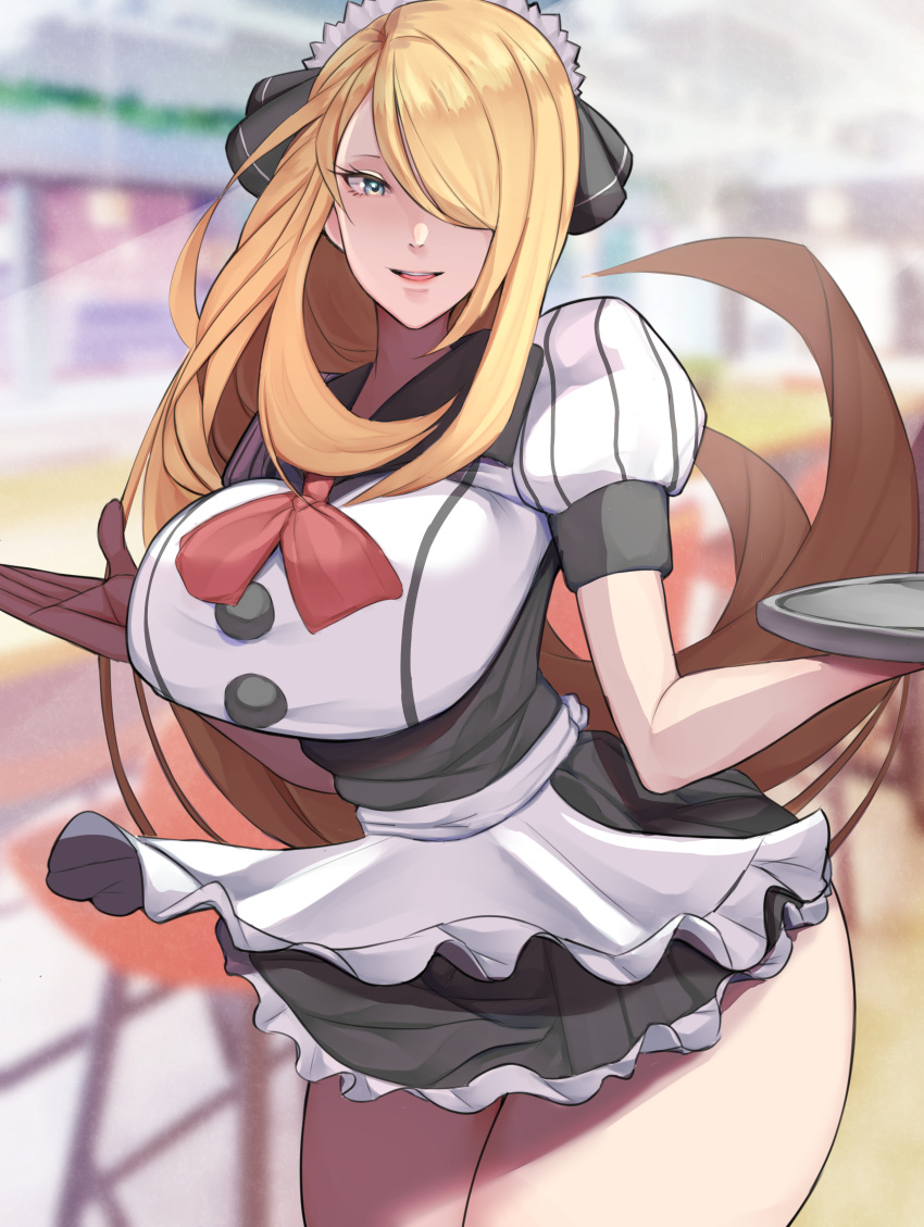 1girl absurdres alternate_costume apron blonde_hair blurry blurry_background bow bowtie breasts cowboy_shot curvy cynthia_(pokemon) enmaided frilled_skirt frills grey_eyes hair_ornament hair_over_one_eye highres holding holding_tray large_breasts long_hair looking_at_viewer maid maid_apron maid_headdress open_mouth pokemon pokemon_dppt puffy_short_sleeves puffy_sleeves red_bow red_bowtie shirosuke short_sleeves skirt solo thighs tray very_long_hair white_apron wide_hips