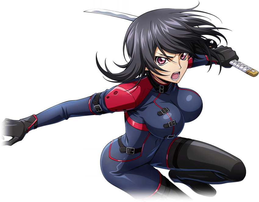 1girl arms_up artist_request black_footwear black_gloves black_hair blue_bodysuit bodysuit boots breasts code_geass code_geass:_lost_stories covered_collarbone covered_navel cropped_legs fighting_stance game_cg gloves holding holding_sword holding_weapon katana kousaka_ayano large_breasts leg_up looking_at_viewer medium_hair non-web_source official_art open_mouth outstretched_arms pink_eyes reverse_grip sidelocks simple_background solo standing standing_on_one_leg sword teeth thigh_boots tongue transparent_background v-shaped_eyebrows weapon