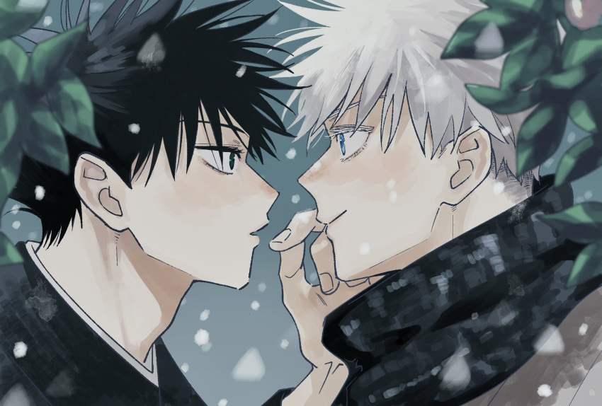 2boys black_eyes black_hair blue_background blue_eyes blurry closed_mouth depth_of_field eye_contact fushiguro_megumi gojou_satoru hand_on_another's_face highres jujutsu_kaisen leaf looking_at_another male_focus multiple_boys parted_lips pipikeke portrait robe short_hair smile snow undercut white_hair yaoi