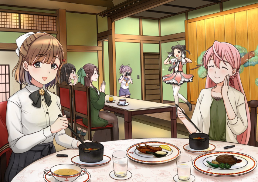 6+girls akashi_(kancolle) aoba_(kancolle) asahi_(kancolle) black_hair bow breasts brown_hair camera chair chopsticks closed_eyes commentary_request cup double_bun eating food gloves hair_bow hair_bun hair_ribbon hitakikan holding holding_camera holding_chopsticks idol indoors jintsuu_(kancolle) kantai_collection long_hair long_sleeves looking_at_viewer multiple_girls naka_(kancolle) one_eye_closed open_mouth own_hands_together pink_hair plate ponytail purple_hair ribbon sendai_(kancolle) shorts sitting skirt smile table taking_picture thighhighs white_gloves white_thighhighs