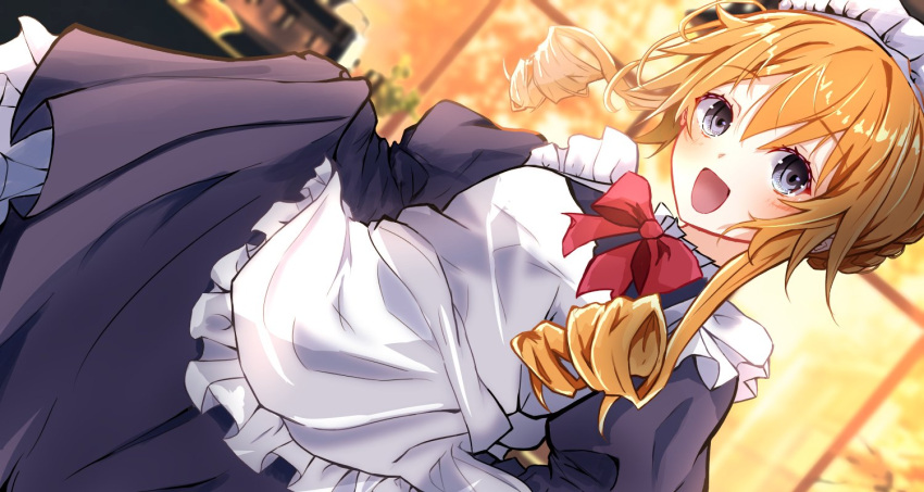 1girl blue_eyes bow bowtie braid date_a_live drill_hair dutch_angle looking_at_viewer maid_headdress open_mouth orange_hair red_bow red_bowtie rorona_rozena sidelocks smile solo yamai_kaguya