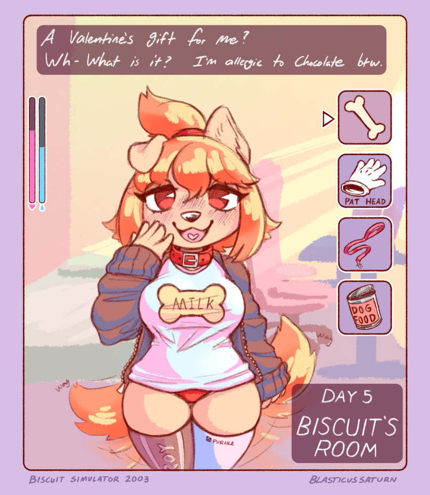 accessory anthro biscuit_(blasticussaturn) blasticussaturn blush bone clothed clothing collar dog_food female gameplay_mechanics hair hair_accessory hair_tie hand_on_face heart_in_mouth hi_res holidays hoodie leash legwear one_ear_up orange_hair panties pantsless pet_food shirt smile solo t-shirt tail tail_motion tailwag text thigh_highs topwear underwear valentine's_day