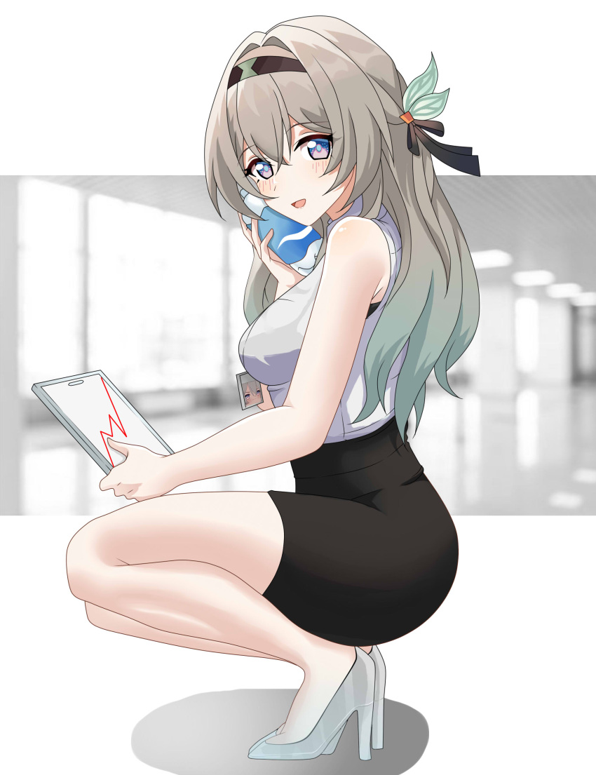 1girl :d absurdres alternate_costume bare_arms bare_legs bare_shoulders black_bra black_headband black_ribbon black_skirt blue_eyes blue_pupils blurry blurry_background blush bottle bra breasts collared_shirt double-parted_bangs firefly_(honkai:_star_rail) full_body gradient_hair green_hair grey_hair hair_between_eyes hair_intakes hair_ornament hair_ribbon hairband headband high-waist_skirt high_heels highres holding holding_bottle honkai:_star_rail honkai_(series) id_card long_hair looking_at_viewer maxwelzy medium_breasts miniskirt multicolored_hair office_lady open_mouth pencil_skirt ribbon shirt skirt sleeveless sleeveless_shirt smile solo squatting two-tone_hair underwear water_bottle white_background white_footwear white_shirt