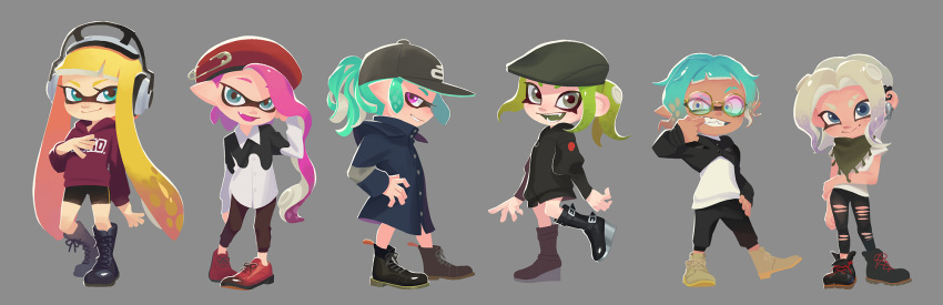 6+girls black_footwear black_hat black_pants black_shorts black_sweater blonde_hair blue_coat blue_eyes blue_hair brown_pants coat earrings fang full_body green_hair grey_background grey_eyes grin hand_on_own_hip hat headphones highres hood hood_down hoodie inkling inkling_girl inkling_player_character jewelry long_hair multiple_girls octoling octoling_girl octoling_player_character open_mouth pants pink_eyes pink_hair pointy_ears red_hat safety_pin shorts smile splatoon_(series) sweater tentacle_hair tinted_eyewear torn_clothes torn_pants ukata white_hair yellow_footwear