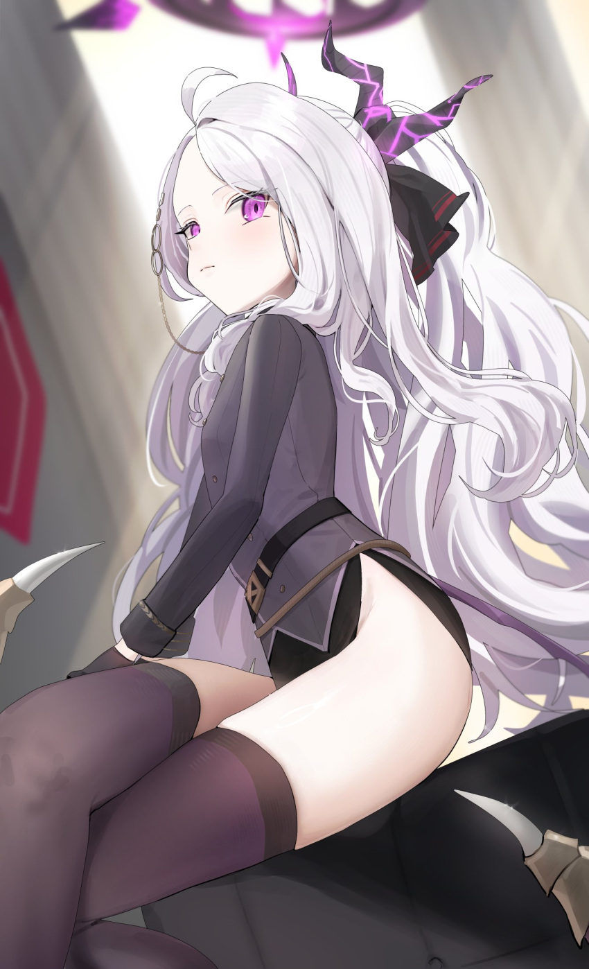 1girl ass black_gloves black_horns black_thighhighs black_wings blue_archive closed_mouth demon_horns demon_wings feet_out_of_frame gloves grey_hair halo highres hina_(blue_archive) horns long_hair long_sleeves looking_at_viewer multiple_horns oomabiblogo2 purple_eyes sitting solo thighhighs wings