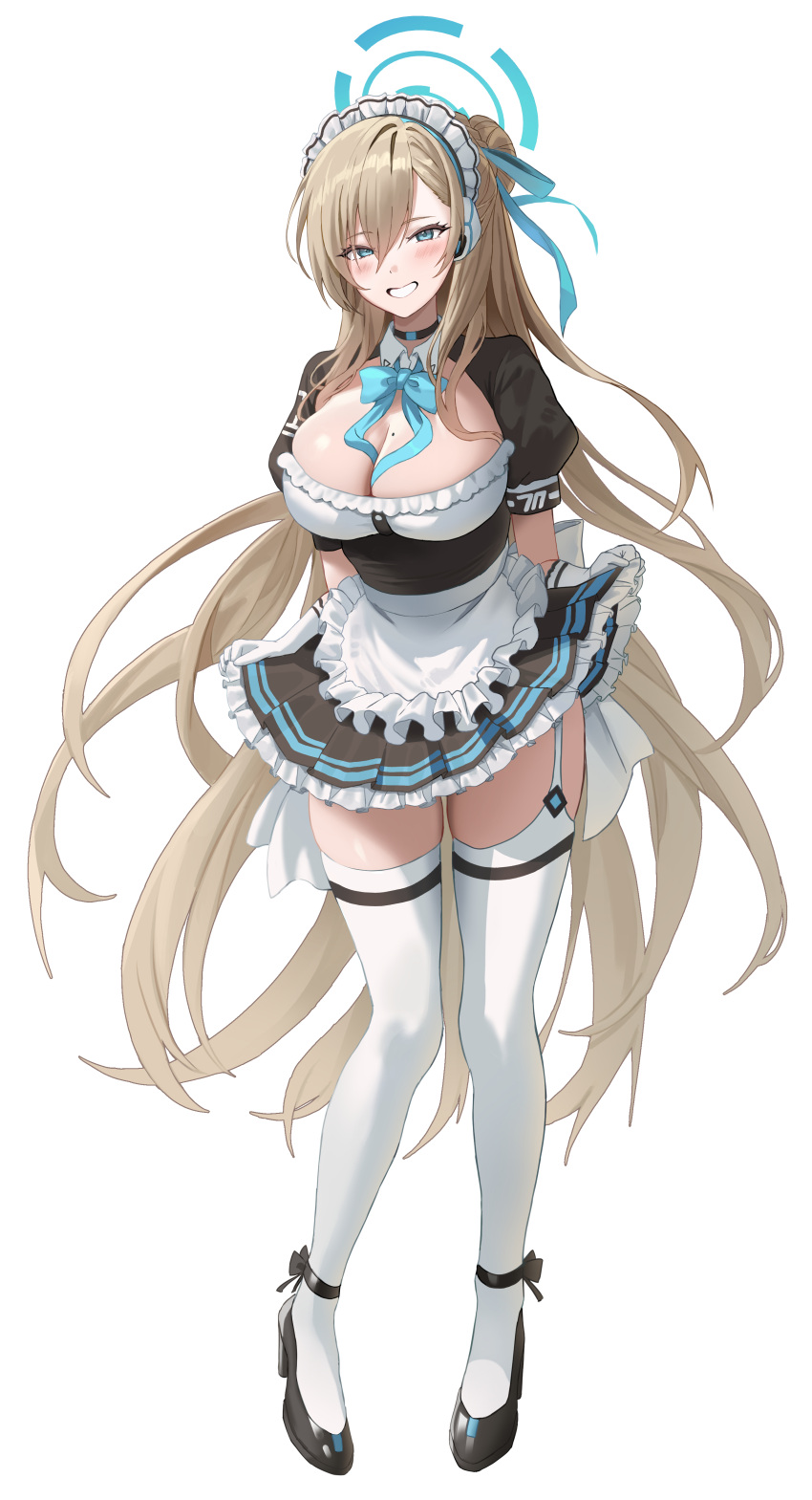1girl :d absurdres apron asuna_(blue_archive) asymmetrical_bangs black_dress blue_archive blue_bow blue_eyes blue_halo blue_ribbon blush bow bowtie breasts cleavage clothes_lift dot_nose dress dress_lift elbow_gloves frilled_apron frilled_dress frills full_body garter_straps gloves half-closed_eyes halo headphones highres lace-trimmed_dress lace-trimmed_gloves lace_trim large_breasts lifted_by_self light_blush light_brown_hair long_hair long_sleeves looking_at_viewer m0_0m_c maid maid_apron maid_headdress mole mole_on_breast neck_ribbon ribbon short_sleeves simple_background smile solo thighhighs thighs very_long_hair white_apron white_background white_gloves white_thighhighs