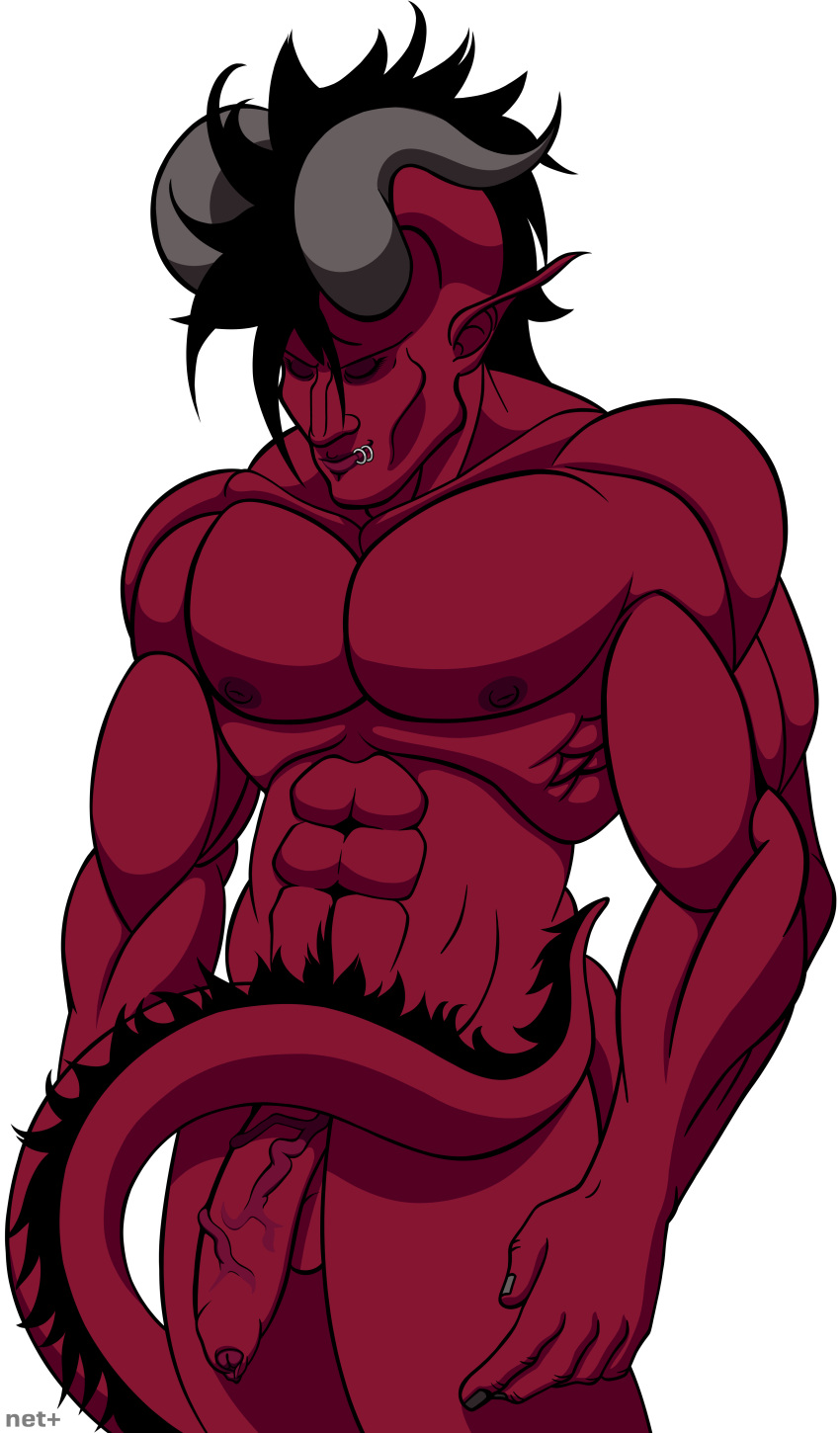 abs absurd_res alpha_channel balls biceps big_muscles big_penis black_hair cel_shading curved_horn demon demon_humanoid eyes_closed facial_piercing foreskin genitals glans grey_horn hair hi_res horn humanoid humanoid_genitalia humanoid_penis humanoid_pointy_ears lip_piercing long_tail male monster muscular muscular_male net_positive nipples not_furry pecs penis piercing red_body red_skin red_tail shaded simple_background smile solo speech_bubble transparent_background vein veiny_penis