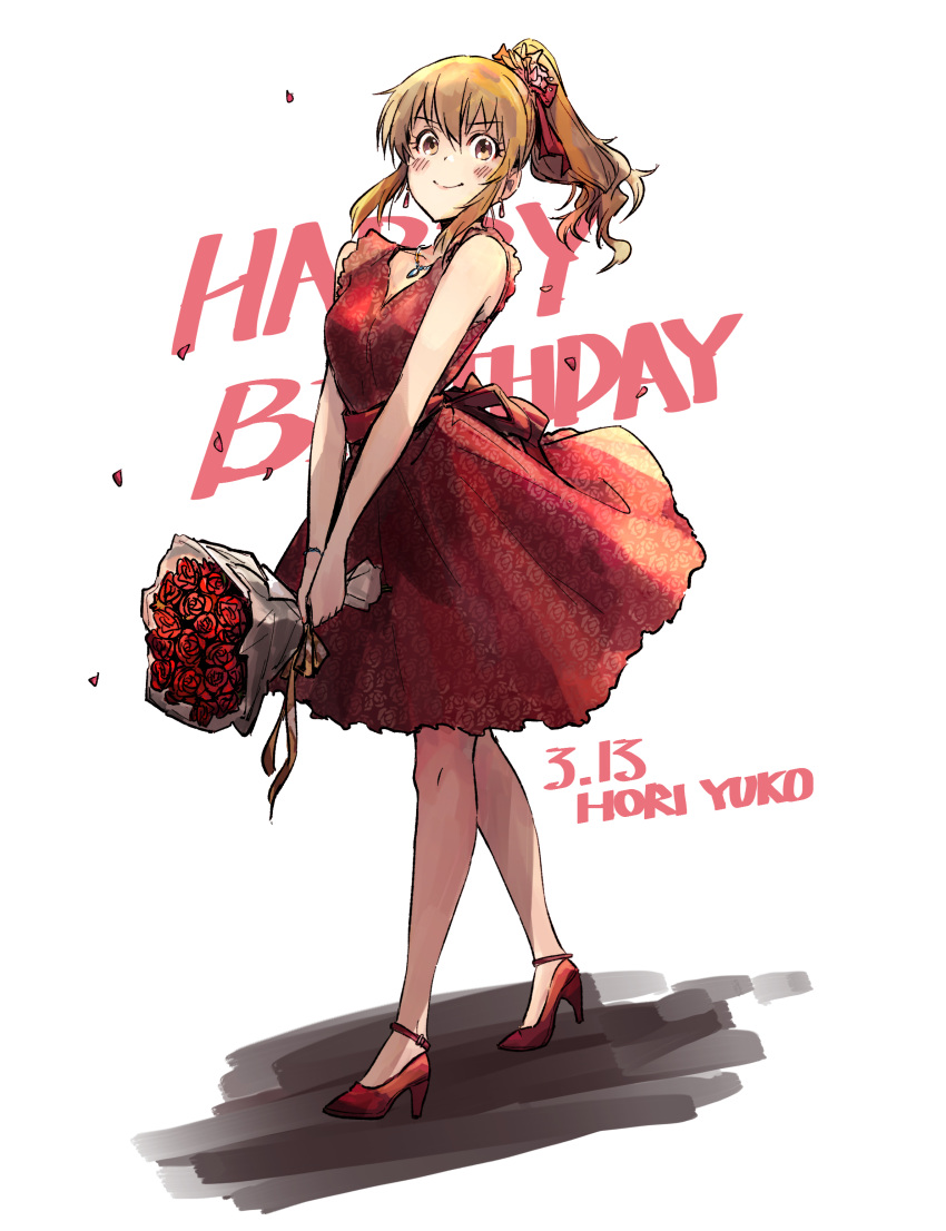 1girl absurdres bangs brown_hair character_name closed_mouth dress earrings flower formal full_body hair_ornament happy_birthday high_heels highres hori_yuko idolmaster idolmaster_cinderella_girls jewelry long_hair looking_at_viewer miyajo necklace ponytail red_dress red_flower red_footwear red_rose rose shadow sleeveless sleeveless_dress smile standing white_background