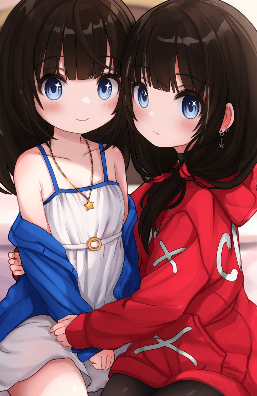 2girls absurdres armpit_crease bare_legs black_choker black_hair black_pantyhose blue_eyes blue_hoodie child choker closed_mouth collarbone comodomodo dangle_earrings dress earrings english_commentary faeryn_(comodomodo) flat_chest frown highres hood hoodie hug jewelry light_blush long_hair looking_at_viewer low_twintails mole mole_on_arm multiple_girls necklace off_shoulder open_clothes open_hoodie original pantyhose red_hoodie sheryn_(comodomodo) smile star_(symbol) star_in_eye star_necklace symbol_in_eye twintails white_dress